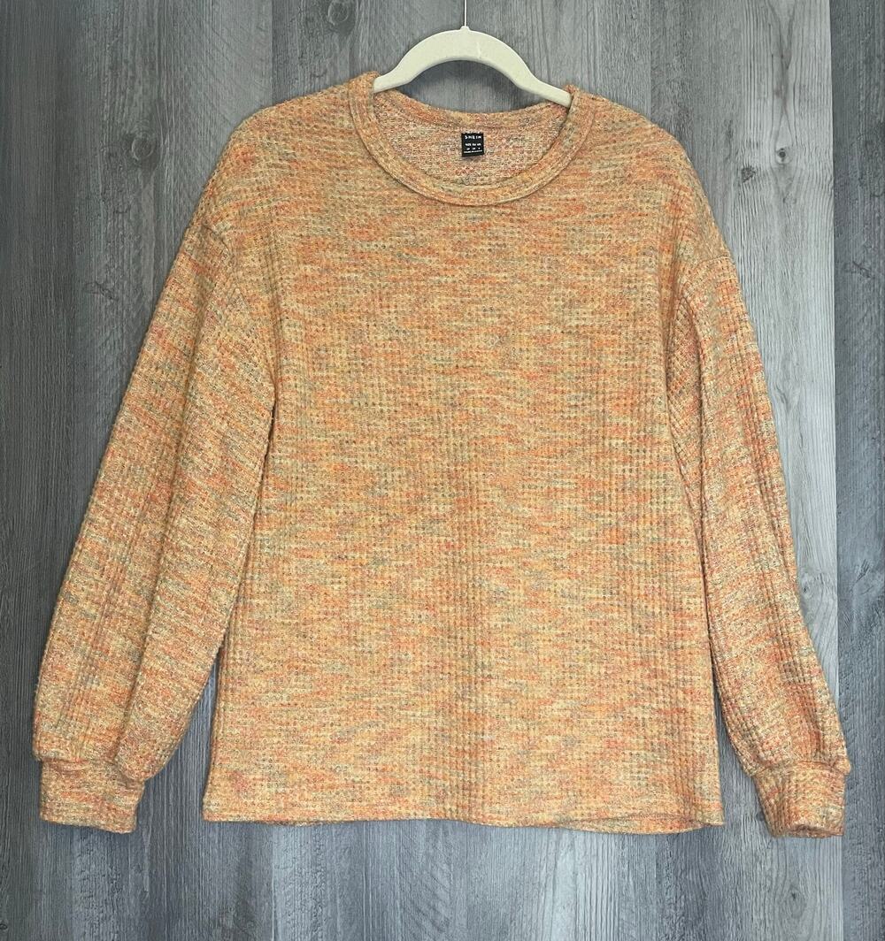 SHEIN Womens M Waffle Knit Pullover Sweater Orange Beige Drop Shoulder Cozy